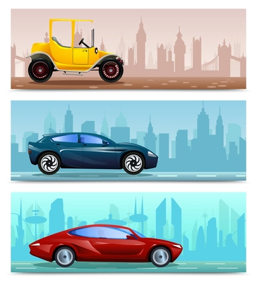 Flat set of three horizontal banners with car evolution symbols on background with cityscape isolated vector illustration