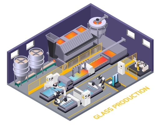 Glass production isometric composition of text and indoor scenery with production line automated conveyor with manipulators vector illustration