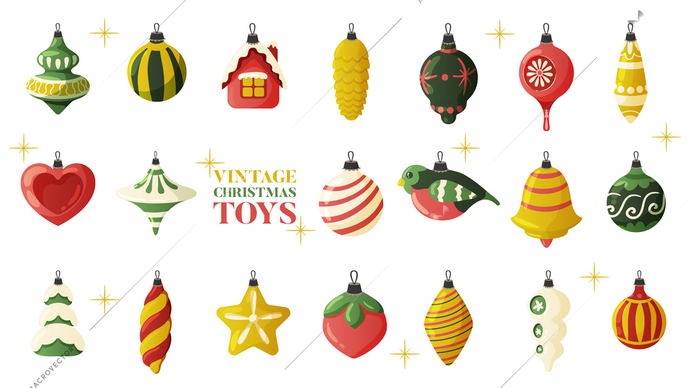 Christmas vintage retro toys set with isolated colourful images of christmas balls decorations of various shape vector illustration