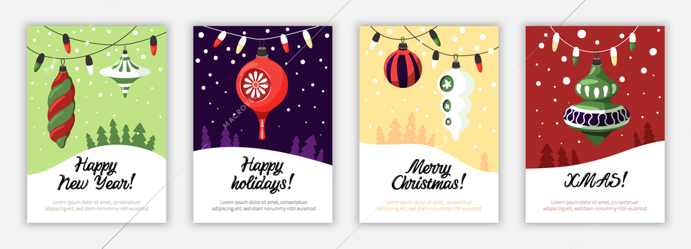 Christmas vintage retro toys poster set with four isolated vertical backgrounds with text and christmas balls vector illustration