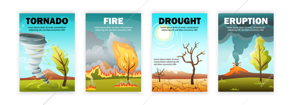 Set with four isolated vertical natural disaster posters with editable text and outdoor landscapes with calamities vector illustration