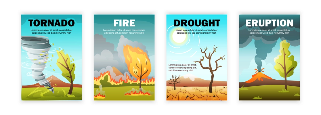 Set with four isolated vertical natural disaster posters with editable text and outdoor landscapes with calamities vector illustration