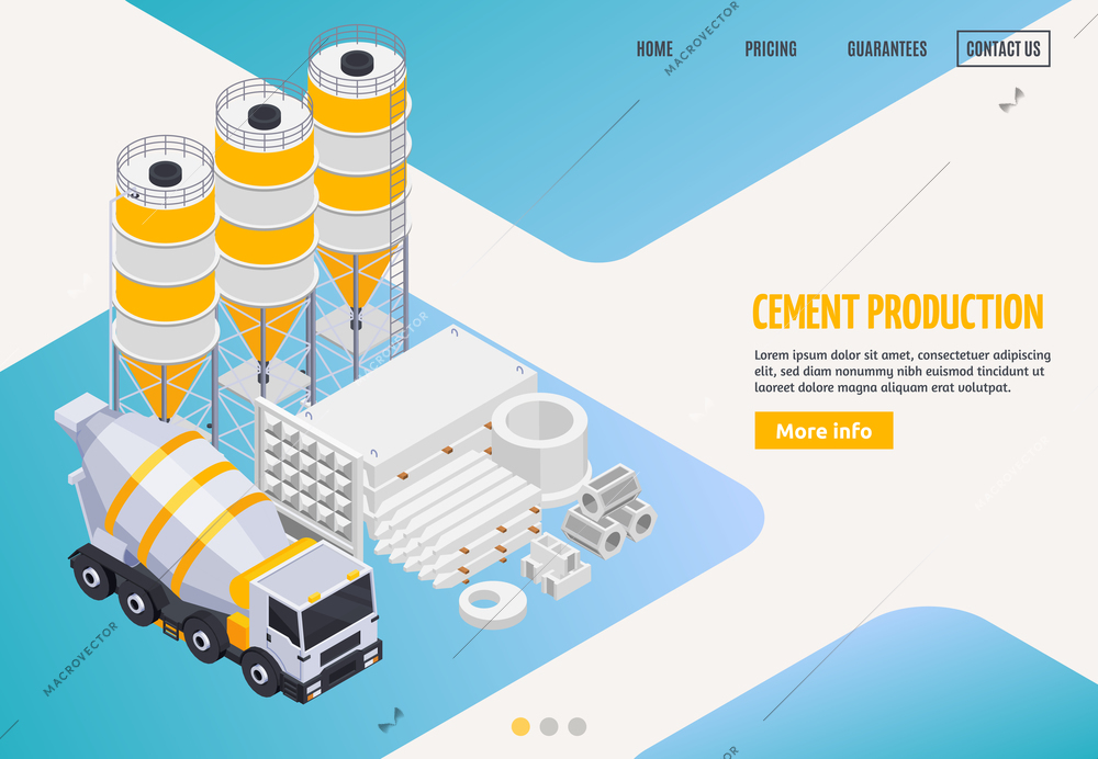 Concrete cement production isometric landing web site page with more info button clickable links and images vector illustration