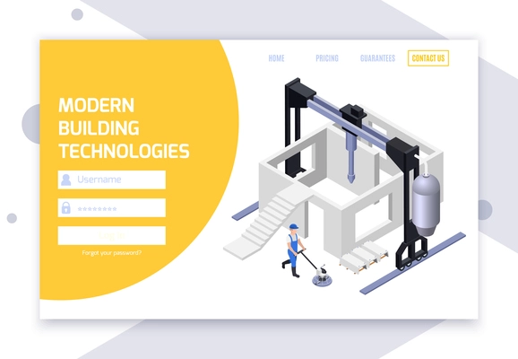 Concrete cement production isometric web site login page with fields for username password and clickable links vector illustration