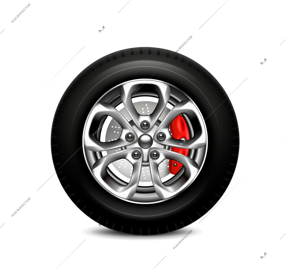 Wheel brake system realistic composition with blank background shadow and image of tyre with alloy wheel vector illustration