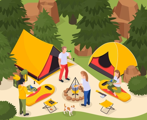 Camping hiking touristic isometric composition with forest scenery and people with tents sleeping bags and campfire vector illustration