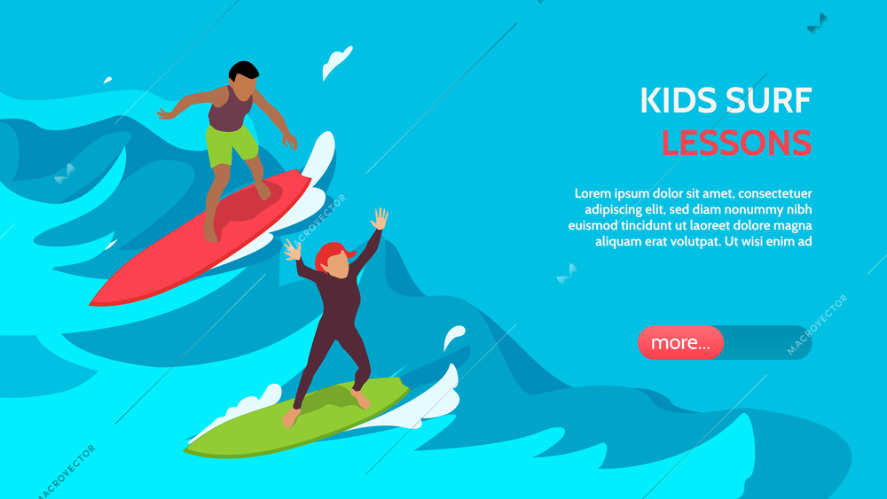 Kids surfschool lessons coaching supervision isometric horizontal landing page banner with children surfing in waves vector illustration