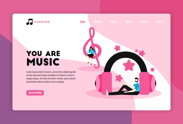 Music horizontal banner for website landing page with links text read more buttons and people images vector illustration