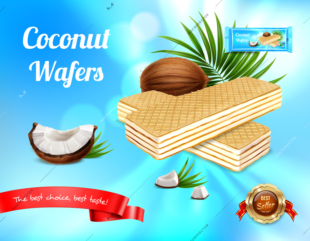 Wafer realistic advertisement background with leaves and ripe fruit with waffers and editable text with package vector illustration