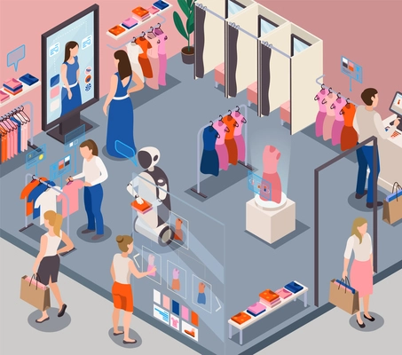 Modern fashion store retail service robots providing personal customer assistance recommending clothing choices isometric composition vector illustration