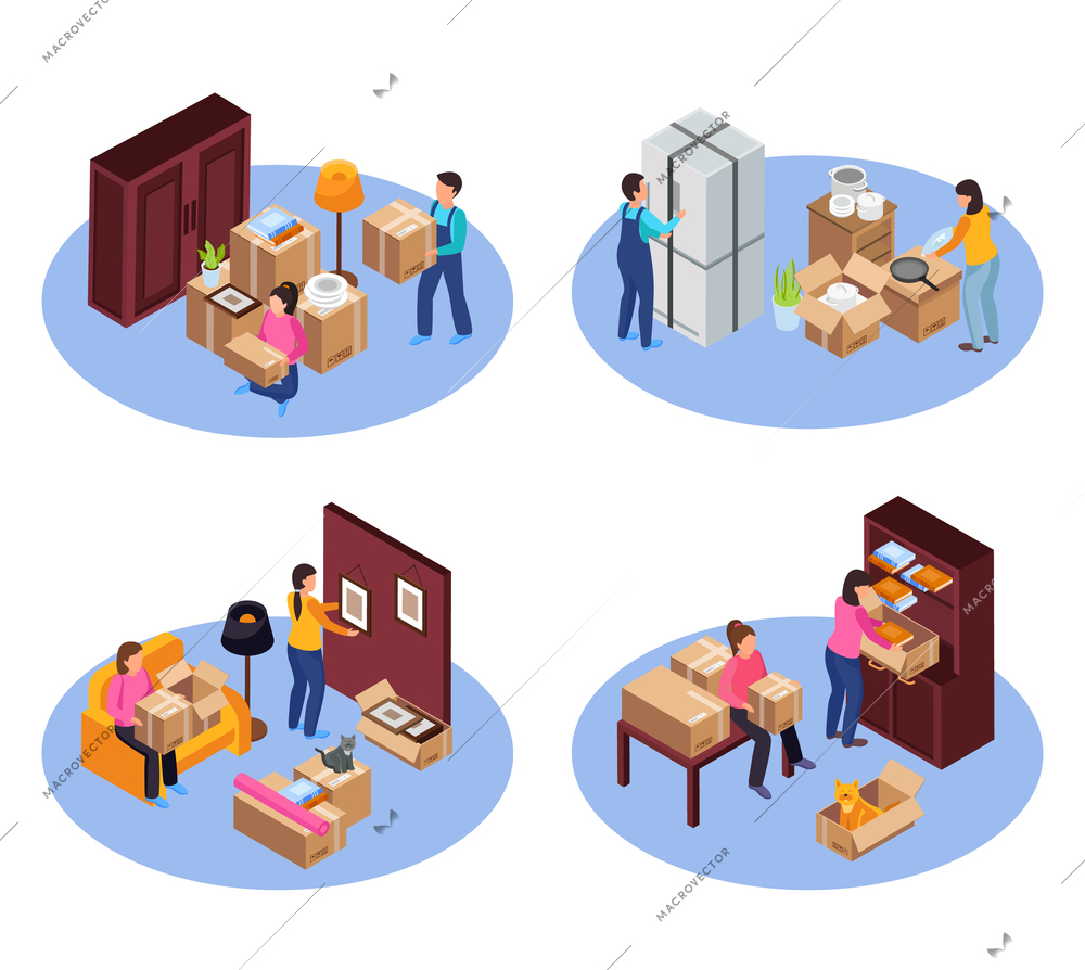 Relocation service concept icons set with packing and transportation symbols isometric isolated vector illustration