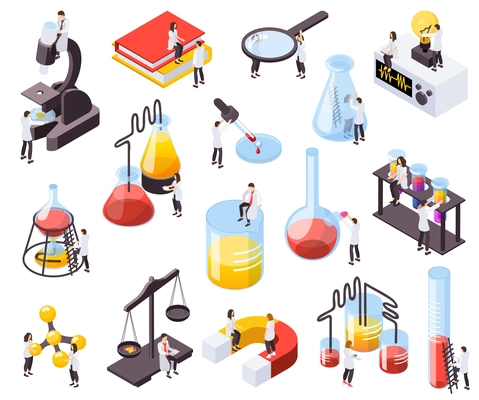 Set of isolated science isometric recolor icons and images of people with pieces of laboratory equipment vector illustration