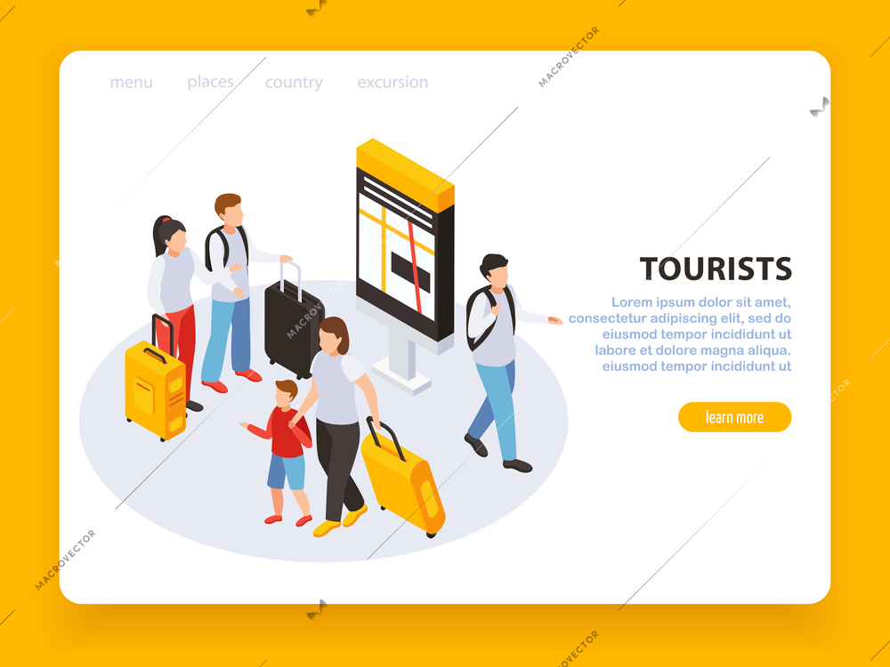 Traveling people page design with tourism symbols isometric vector illustartion