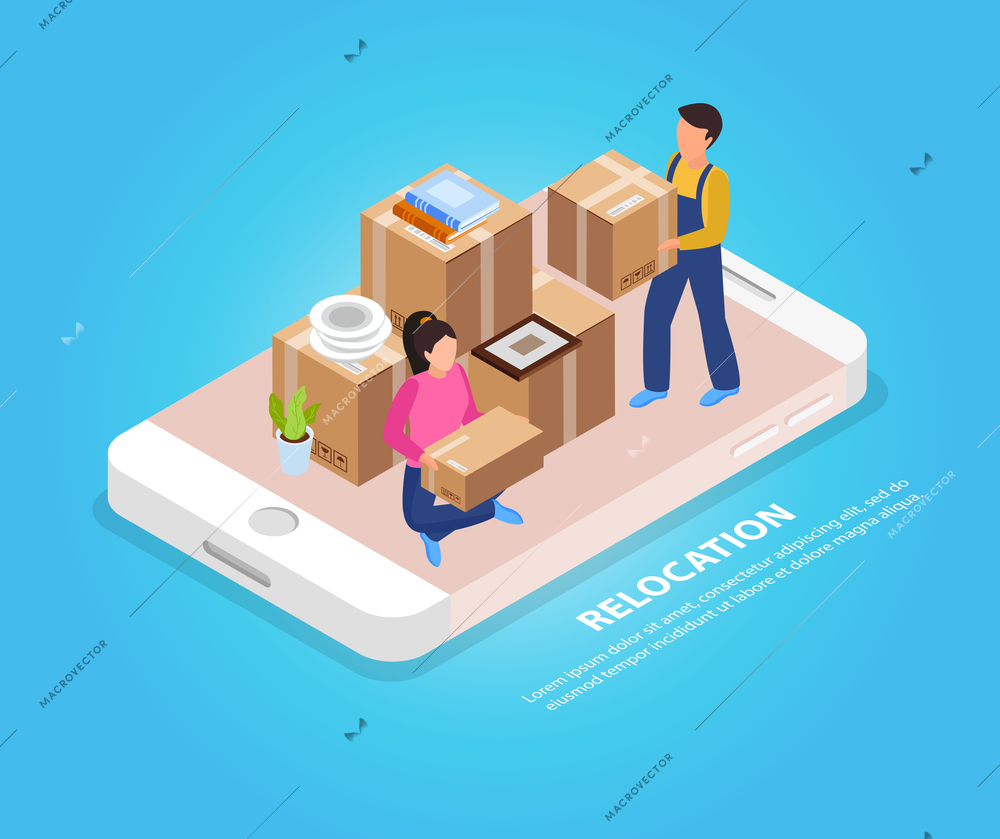 Relocation mobile service background with packing and transportation symbols isometric vector illustration