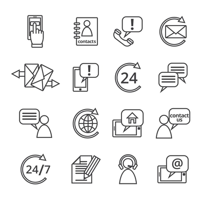 Customer care contacts in line style icons set of online and offline support services isolated vector illustration