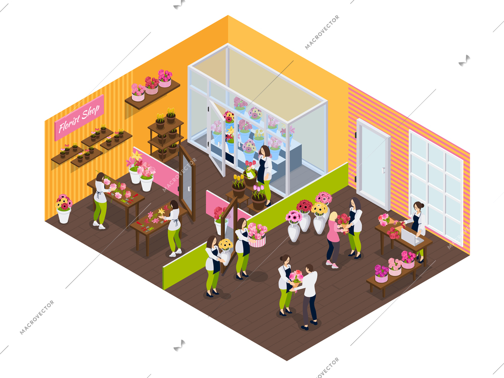 Flower shop isometric composition with florists sellers and visitor in store interior vector illustration