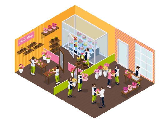 Flower shop isometric composition with florists sellers and visitor in store interior vector illustration