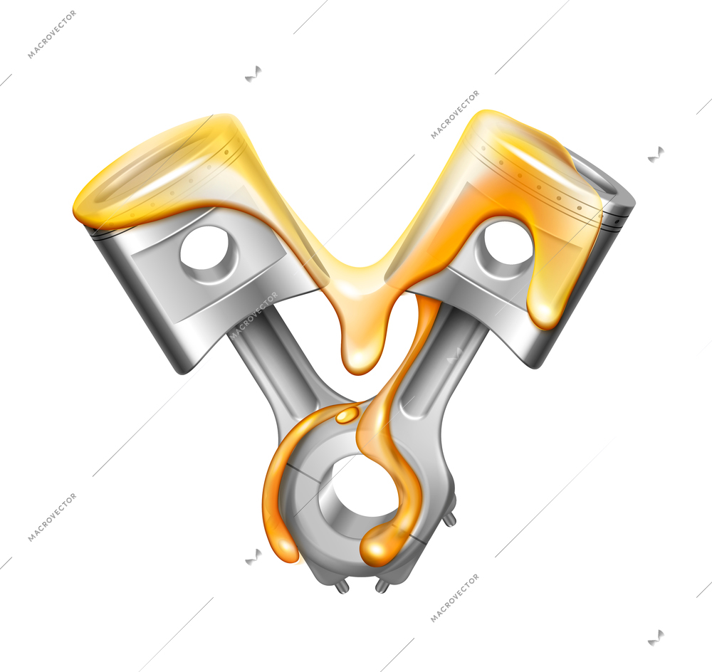 Engine pistons oil realistic composition with two crossed piston components covered with yellow engine oil liquid vector illustration