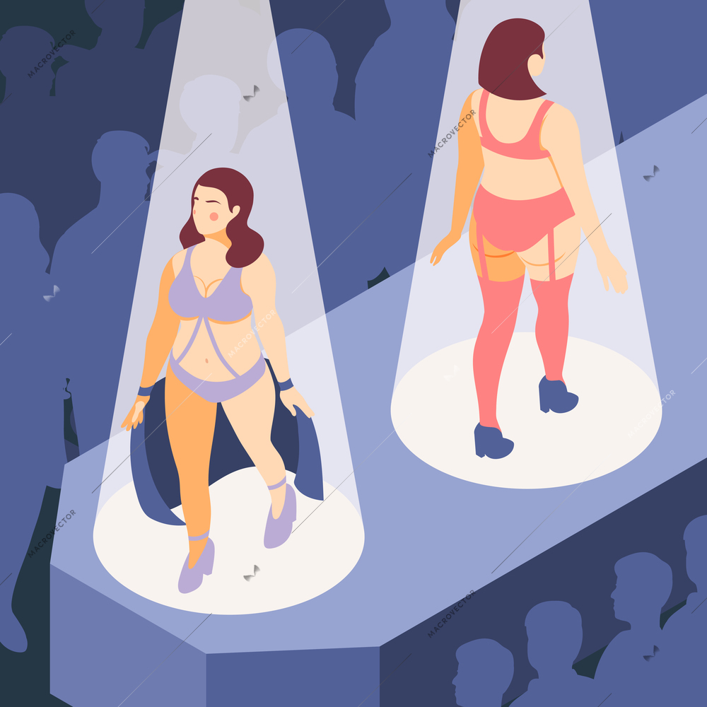 Sexy plus size women demonstrating lingerie underwear in spotlights on podium isometric composition dark audience background vector illustration