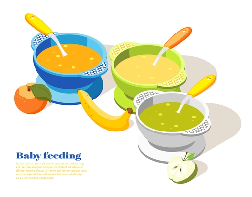 Baby infant toddler child healthy food serving isometric background composition with banana apple puree bowls vector illustration