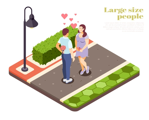 Large size people romantic outdoor date isometric composition with couple under lantern flying hearts symbols vector illustration
