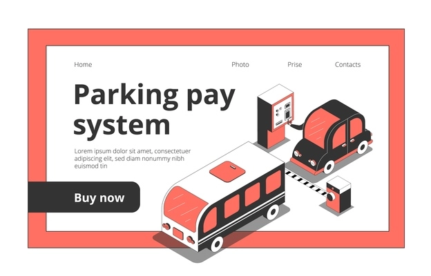 Landing page web site background with car isometric images and clickable links with text and buttons vector illustration