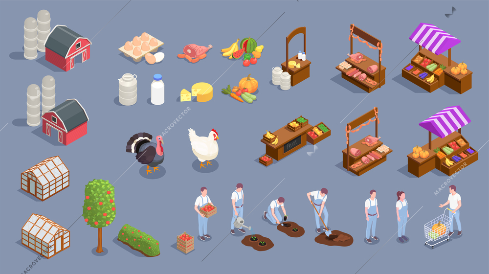 Local farm market isometric set of farming appliances with buildings plants and human characters of farmers vector illustration