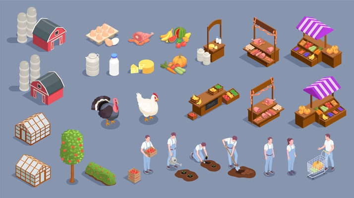 Local farm market isometric set of farming appliances with buildings plants and human characters of farmers vector illustration