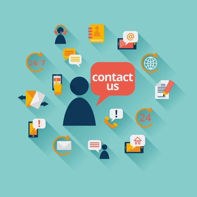 Contact us background with address call center customer service icons vector illustration