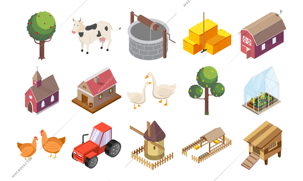 Countryside icons set with houses and nature isometric isolated vector illustration