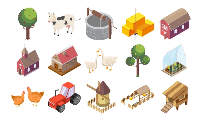 Countryside icons set with houses and nature isometric isolated vector illustration