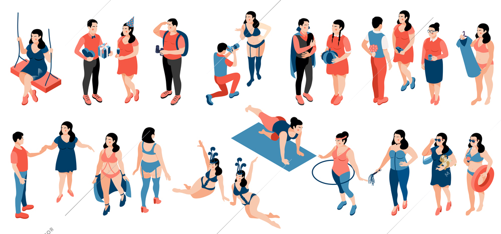 Large size people set with fitness and fashion symbols flat recolor vector illustration