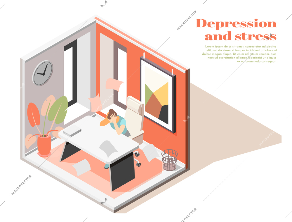 Mental health at workplace isometric composition with female employee work related stress anxiety depression symptoms vector illustration