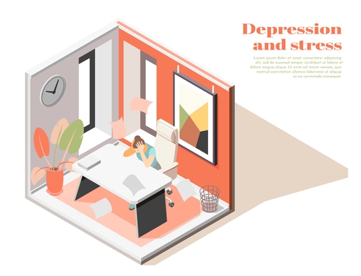 Mental health at workplace isometric composition with female employee work related stress anxiety depression symptoms vector illustration