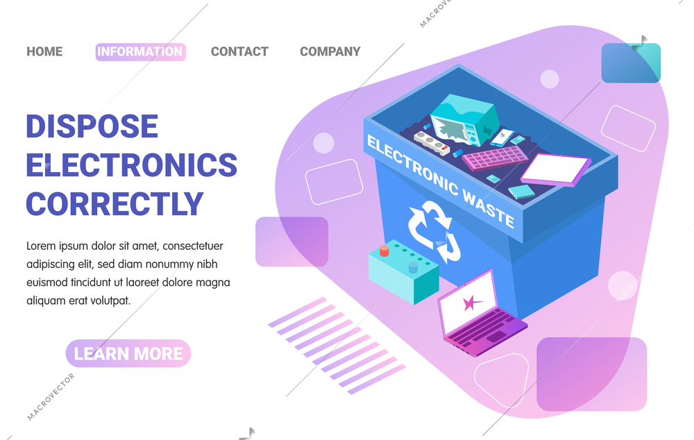 Isometric web page with image of container for ewaste 3d vector illustration