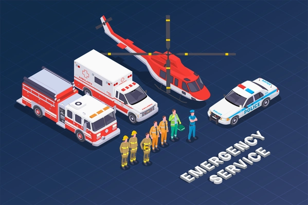 Emergency service isometric composition with images of special vehicles with people in uniform and editable text vector illustration