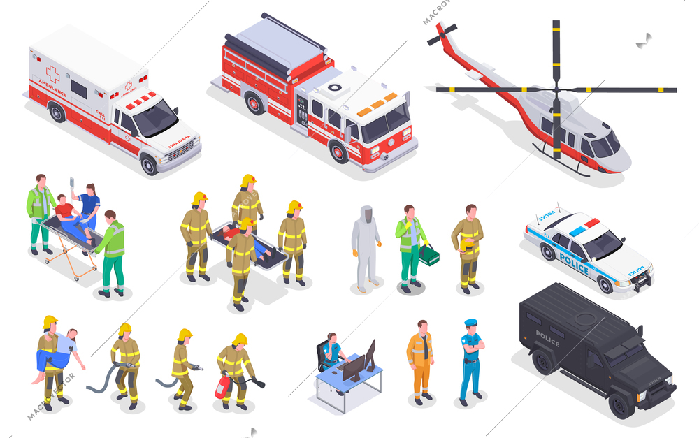 Emergency service isometric set with isolated images of special vehicles with fire fighting personnel ambulance crew vector illustration