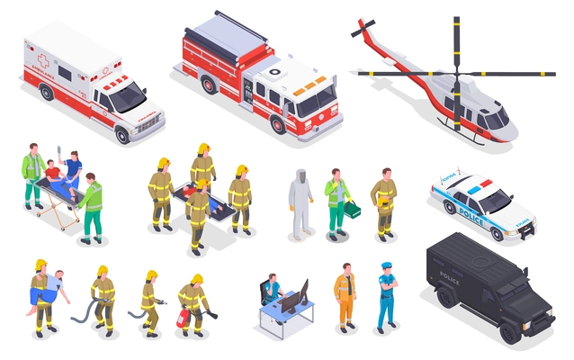 Emergency service isometric set with isolated images of special vehicles with fire fighting personnel ambulance crew vector illustration