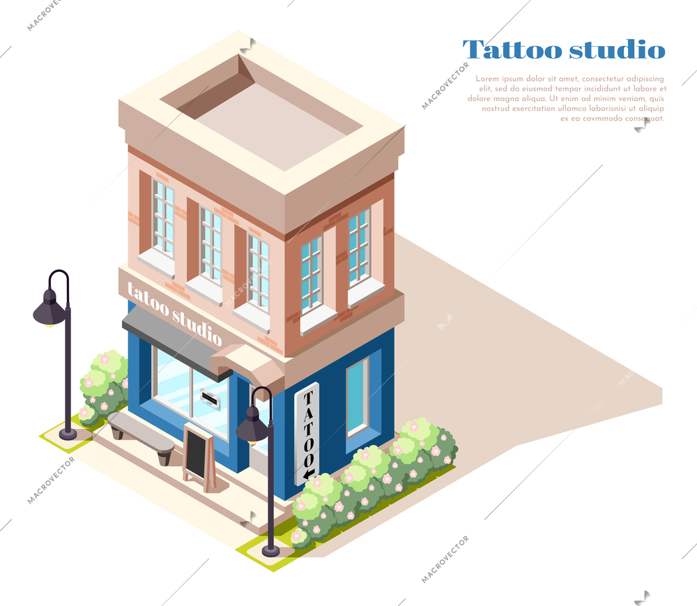 Ground floor tattoo body art studio   isometric view of 2 story stone town house building vector illustration