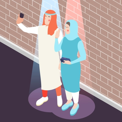 Modern young saudi arabian couple in traditional muslim clothing taking selfie with smartphone isometric composition vector illustration