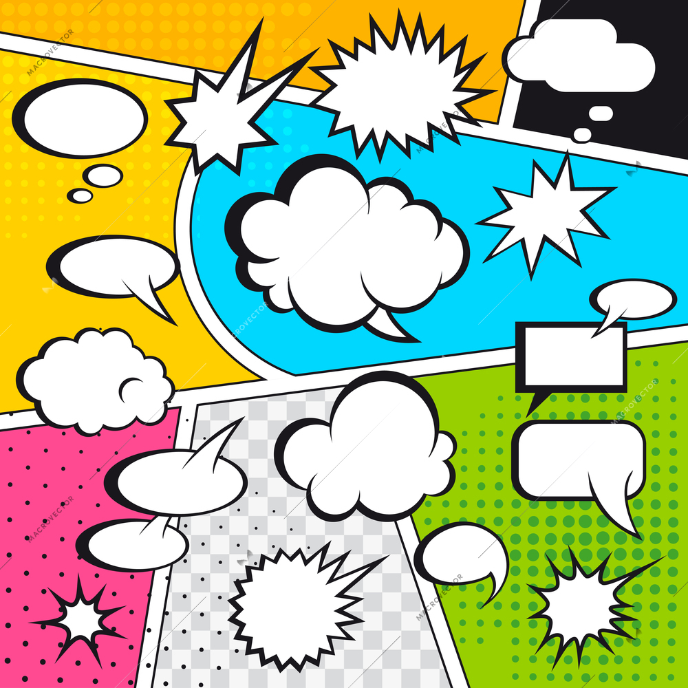 Comic speech bubbles and comic strip on colorful halftone background vector illustration