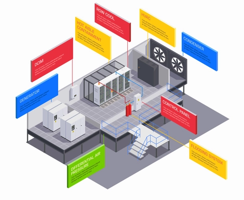 Datacenter communication equipment isometric composition with infographic boxes text captions and technical building insides with servers vector illustration