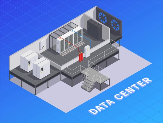 Data center facility infrastructure isometric composition with storage resources cooling equipment air flow devices generators vector illustration