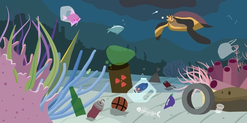 Water pollution background with sea creatures and garbage on bottom flat vector illustration