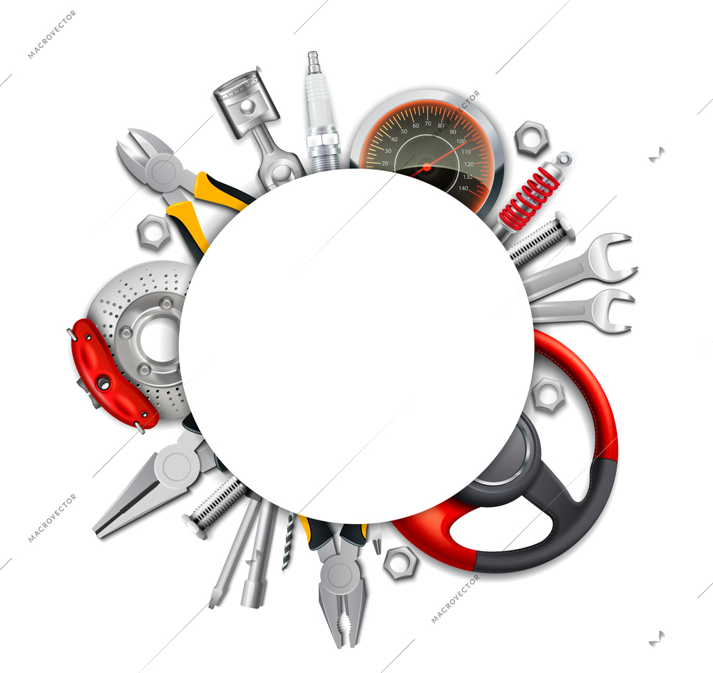 Car parts frame realistic composition with empty circle space on top of automobile tools and elements vector illustration