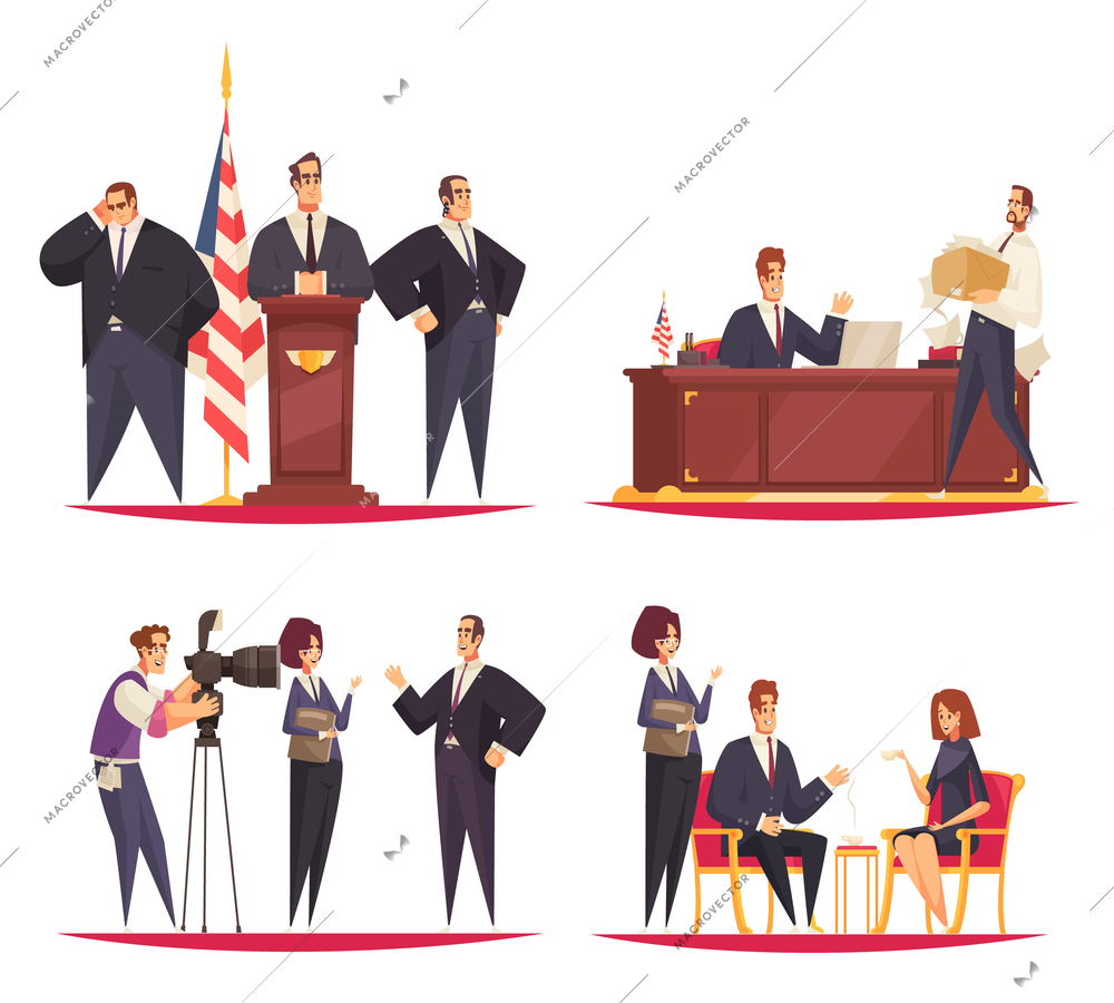President at work concept 4 flat cartoon compositions with podium speech guards interview in office vector illustration
