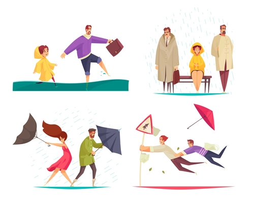 Bad weather concept 4 flat funny compositions with people holding flipping inside out umbrellas isolated vector illustration