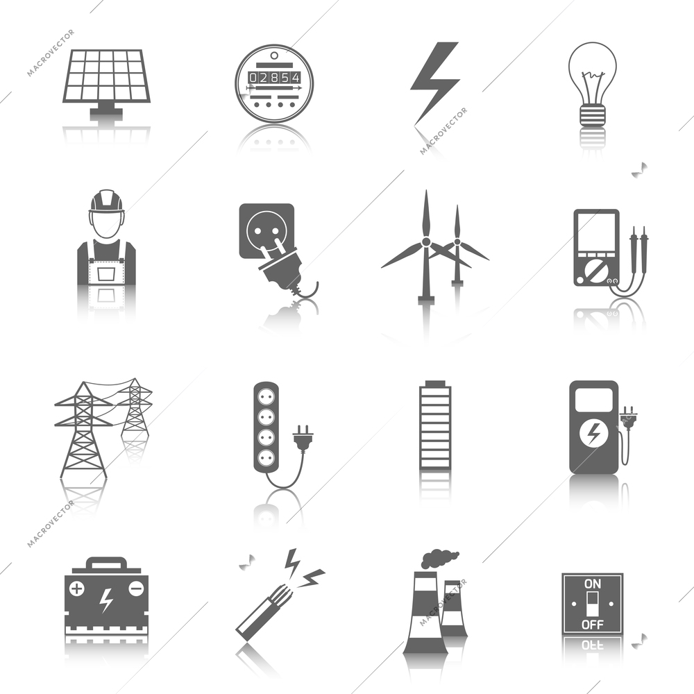 Set of electricity energy accumulator icons in grey color with reflection