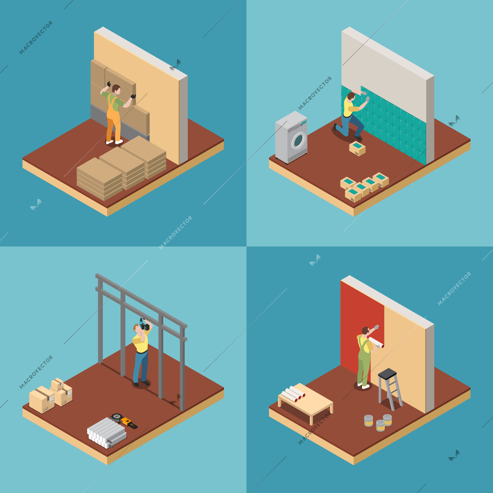Home repair concept icons set with redecoration symbols isometric isolated vector illustration
