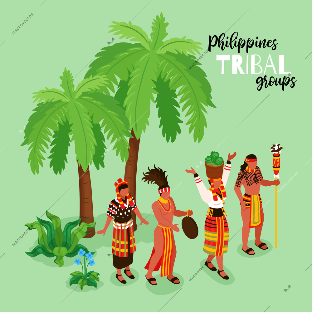 Phillipine tribal groups isometric poster with national traditions symbols vector illustration